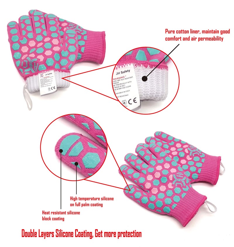 JH J H Heat Resistant Oven Glove:EN407 Certified 932 Â°F, 2 Layers Silicone Coating, Oven Mitts for Cooking,Kitchen,Fireplace, Grilling,1Pair (Coral Shell with Turquoise/Pink, Women Fits All) - Image 5
